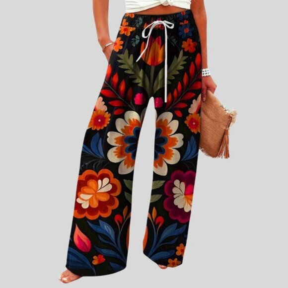 Pants - Boho Loose Floral Print Wide Leg Pants